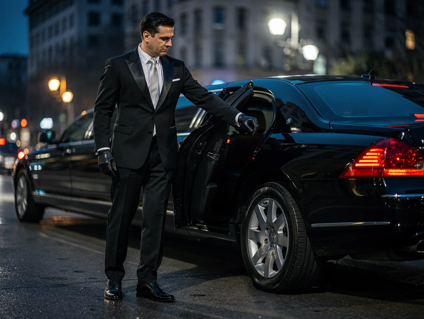 Chauffeur awaiting arrival at illuminated airport curbside
