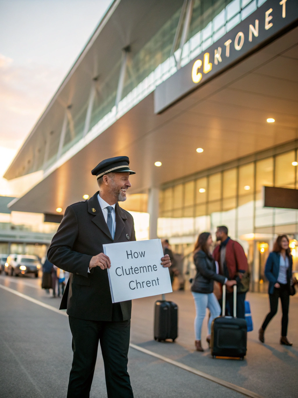 Attired SANTA LIMO professional chauffeur holding a digital welcome tablet inside airport terminal