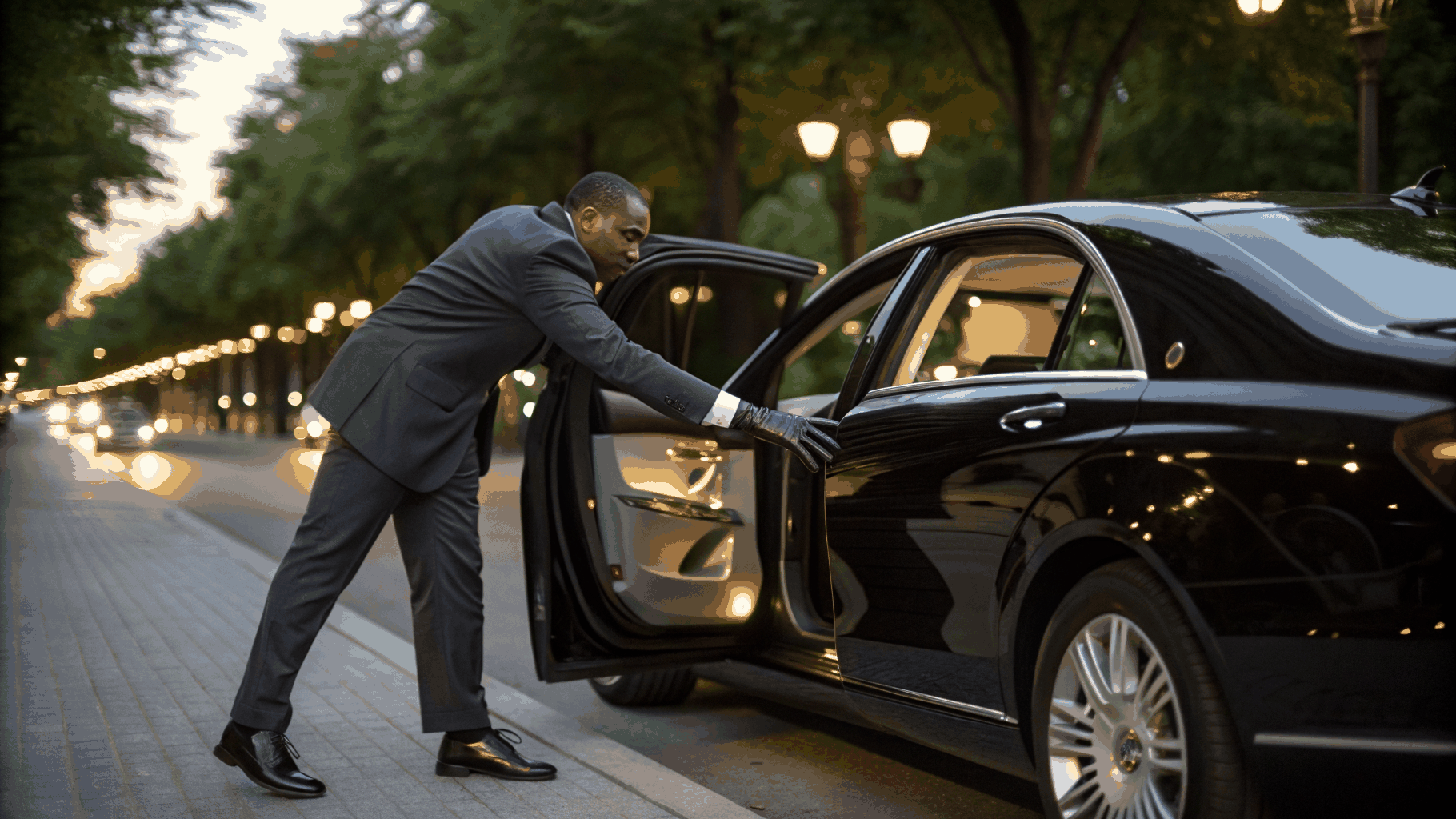 Professional chauffeur in a dark tailored suit standing proudly beside a branded executive black sedan