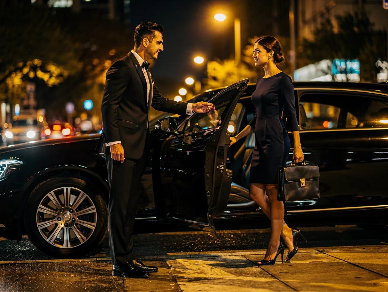 Professional chauffeur in formal attire opening passenger door