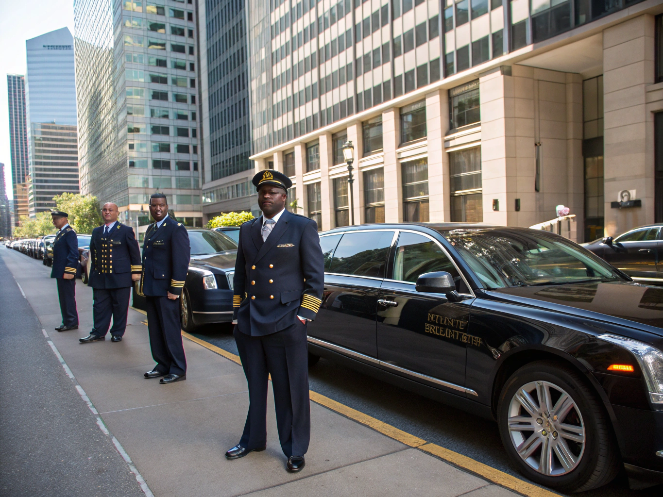 Professional SANTA LIMO chauffeurs standing by luxury black sedans and SUVs in Chicago