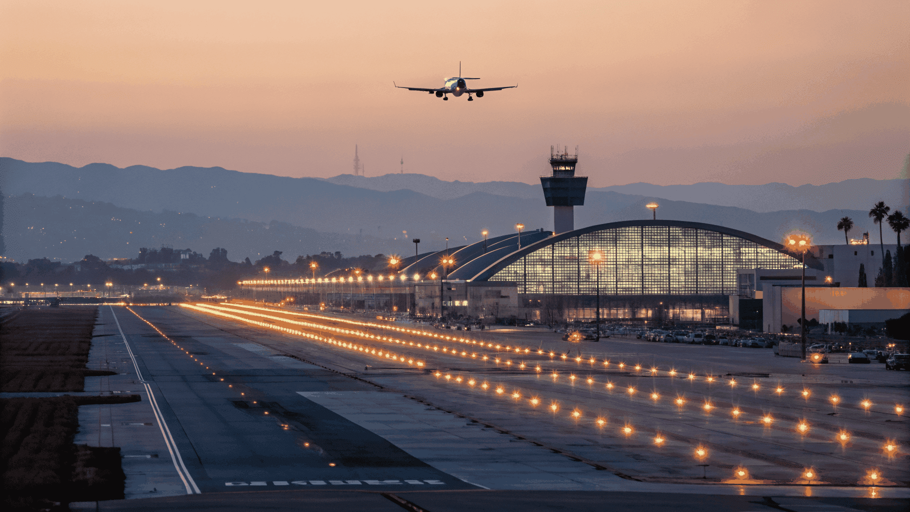 Atmospheric dusk highway corridor approaching an executive airport terminal