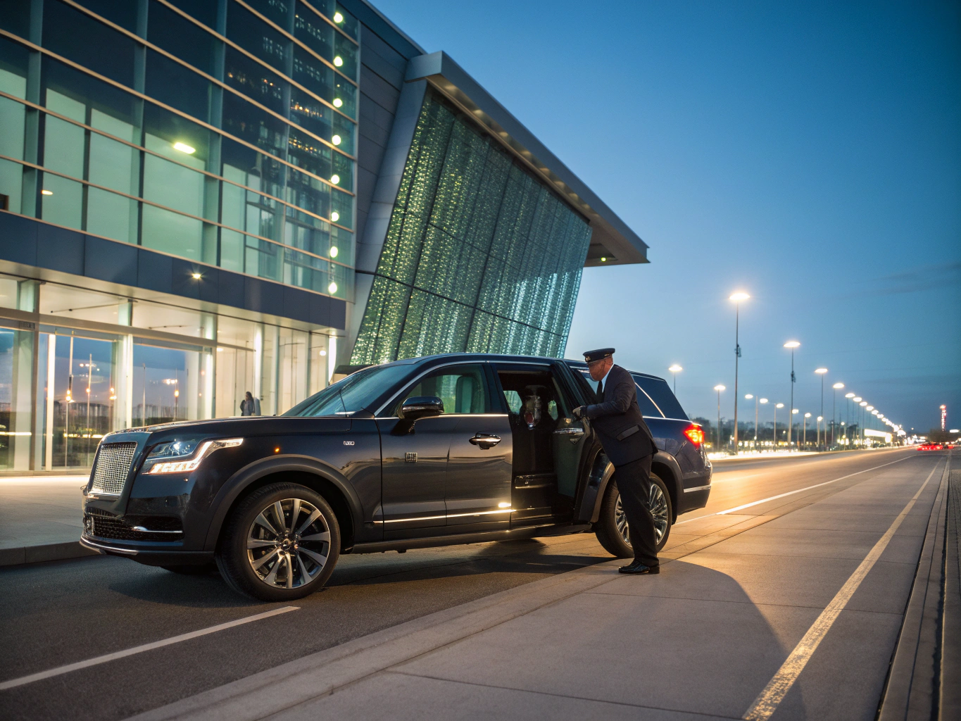 Executive black luxury SUV parked in Chicago evening light