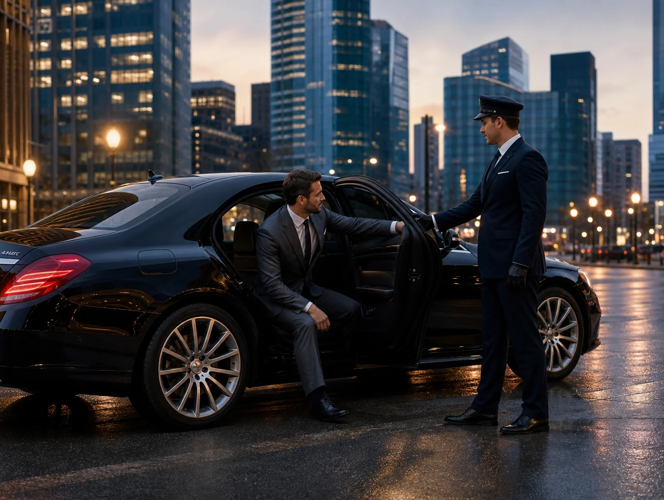Executive black luxury sedan curbside at Chicago private terminal
