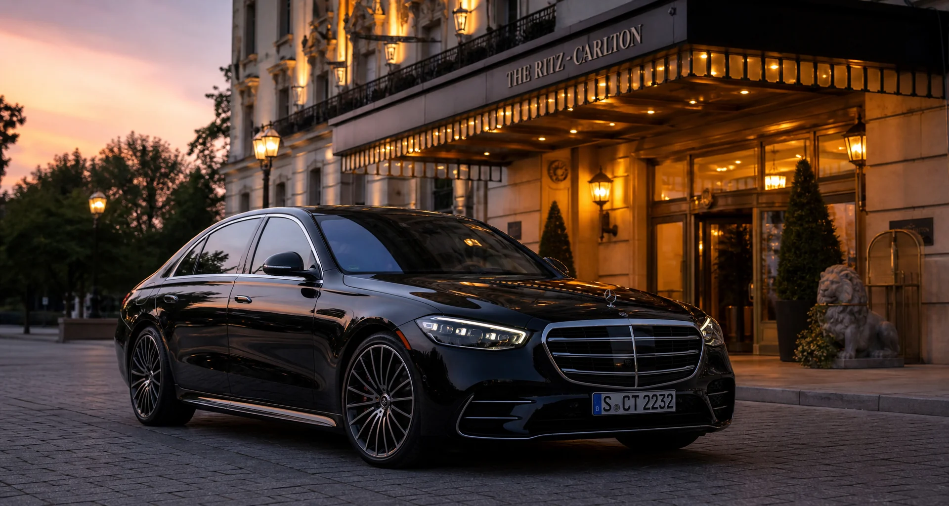 Pristine gloss black branded executive luxury sedan with bespoke chauffeur service
