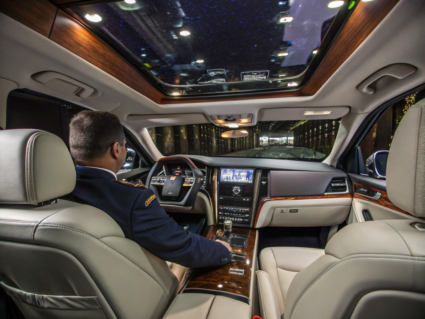 Luxury SUV cabin with leather seating and ambient lighting